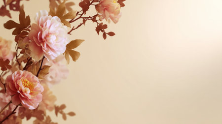 A beautiful arrangement of soft pink flowers with green leaves against a light beige background, perfect for adding a touch of beauty and elegance to any design project.の素材