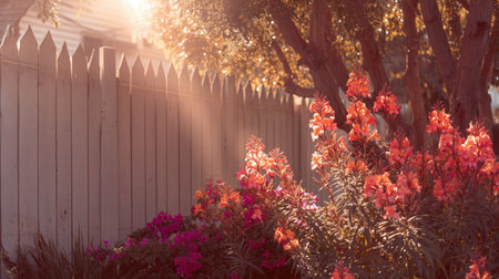 A beautiful garden featuring vibrant flowers illuminated by warm sunlight filtering through tree leaves, creating a serene and tranquil outdoor scene near a wooden fence.の素材