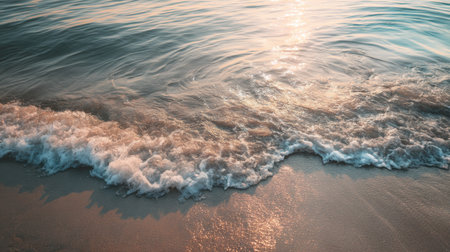 Experience the serene beauty of gentle waves lapping against a sandy shore at sunset, as warm colors reflect in the tranquil waters, evoking peace and relaxation.の素材