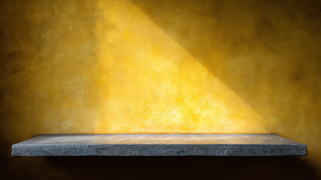 An inviting empty stone shelf set against a warm golden wall, perfect for showcasing creative displays in interior design and photography projects.の素材