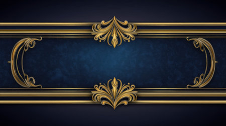 A stunning decorative frame featuring intricate gold designs on a dark blue background, perfect for adding a touch of elegance and class to any graphic project.の素材