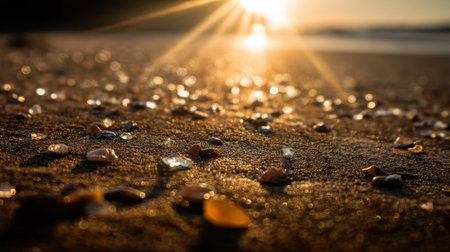 A beautiful close-up view of seashells scattered on a sandy beach during sunrise, with sunlight reflecting off the shells, creating a serene and tranquil atmosphere.の素材