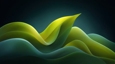 This abstract image features flowing green and yellow leaves against a dark background, creating smooth curves and a calming atmosphere that evokes tranquility.の素材