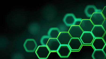 This abstract image features glowing green hexagonal shapes set against a dark background, creating a modern and stylish visual perfect for tech and science themes.の素材