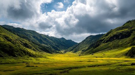 Beautiful green valley nestled between towering mountains under a cloudy sky, showcasing the untouched beauty of nature and the tranquility of the wilderness.の素材