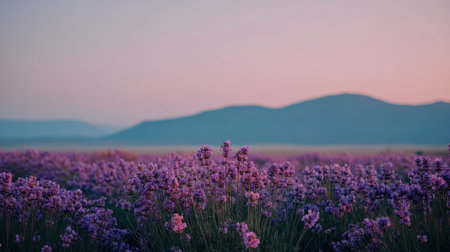 A stunning lavender field glistens under the soft light of dawn, with distant mountains creating a harmonious backdrop that evokes peace and natural beauty.の素材