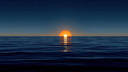 A serene view of a sunset over calm ocean waters, with the warm glow of the sun reflecting on the surface, creating a peaceful atmosphere ideal for relaxation.の素材