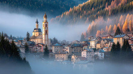 This captivating image showcases a picturesque mountain village enveloped in morning mist, featuring a historic church and vibrant autumn foliage.の素材