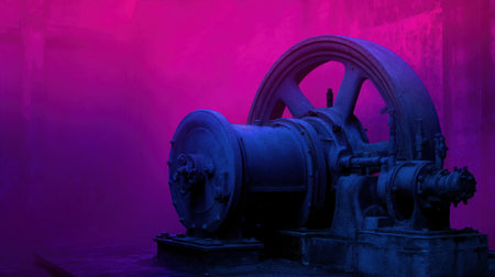 This striking image features vintage industrial machinery captured in dramatic lighting, combining mechanical details with colorful atmospheric elements for artistic purposes.の素材