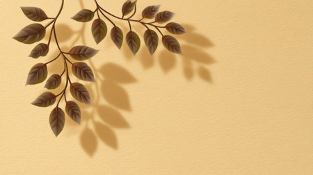 A serene composition featuring an elegant branch with leaves cast against a soft yellow background, perfect for adding warmth and a touch of nature to any design project.の素材