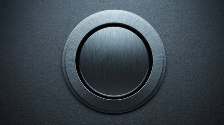 This image features a modern circular metallic button on a dark textured surface, showcasing a smooth finish perfect for digital projects and creative interfaces.の素材