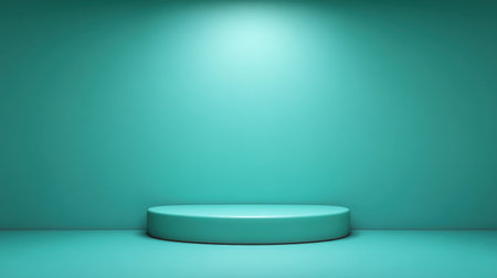 A bright and clean teal background features a round platform, perfect for showcasing products or art in a modern studio setting. Ideal for photography and design projects.の素材