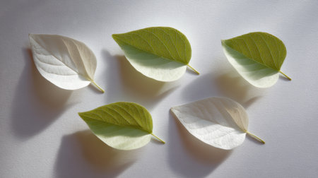 This image features five elegant leaves arranged on a soft surface, emphasizing their unique shapes and colors while showcasing the interplay of light and shadow.の素材