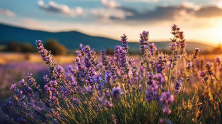 A stunning capture of lavender blooming in a serene field during sunset. The warm light enhances the beauty of nature, showcasing vibrant flowers against distant mountains.の素材