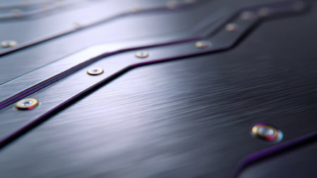 This abstract image features a close-up of a metallic surface with sleek lines and shiny bolts, perfect for representing modern technology and innovative design concepts vividly.の素材