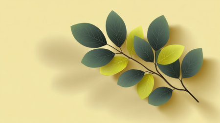 This image features a branch of green and yellow leaves arranged on a soft yellow background, creating a calm and fresh atmosphere perfect for nature-themed projects.の素材