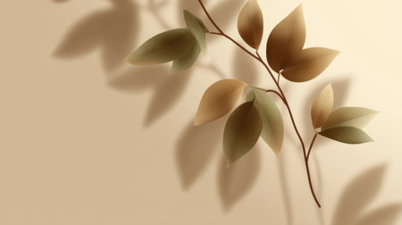 A beautiful composition featuring a delicate branch with leaves casting soft shadows on a neutral background, perfect for adding a touch of nature-inspired elegance to any design project.の素材