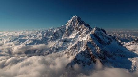 Stunning aerial view of a tall mountain peak surrounded by clouds, with snow covering its summit, showcasing the beauty of nature and the grandeur of the landscape.の素材