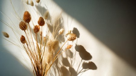 This image showcases an elegant bouquet of dried plants and flowers casting soft, artistic shadows on a light-colored wall, creating a peaceful and minimalist aesthetic.の素材