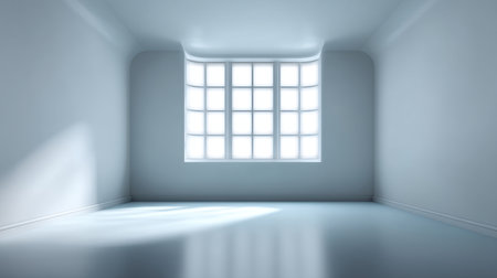 A spacious and minimalistic empty room featuring large windows that allow bright natural light to flood the space, creating a serene and inviting atmosphere ideal for various uses.の素材
