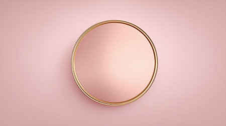 This elegant round mirror features a minimalistic gold design, set against a soft pink background. It is perfect for enhancing home decor and inspiring interior aesthetics.の素材