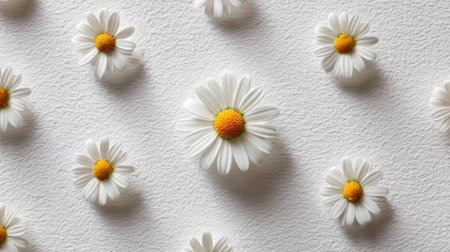 A stunning arrangement of white daisies with vibrant yellow centers on a textured white surface. Ideal for nature-themed projects and creative designs, evoking purity and freshness.の素材