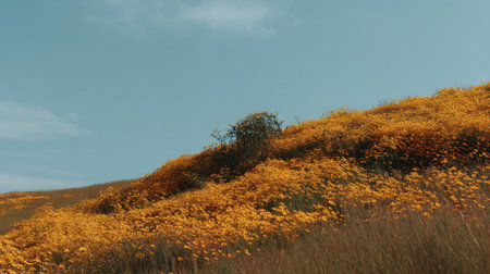 A picturesque landscape featuring vibrant golden wildflowers cascading down rolling hills beneath a clear blue sky, capturing the essence of spring's natural beauty and tranquility.の素材