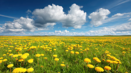 Discover a stunning landscape featuring bright yellow dandelions sprawling across a vibrant green field under a clear blue sky adorned with fluffy clouds.の素材