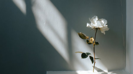 A beautifully arranged single white rose stands in natural light against a soft grey wall, creating an elegant and serene atmosphere perfect for minimalistic dの素材