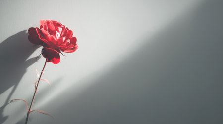 A stunning red flower stands gracefully against a soft gray background, casting a beautiful shadow. Perfect for art lovers seeking modern decor inspirations.の素材