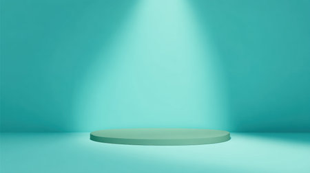 A minimalist stage featuring a soft turquoise background and a central spotlight, perfect for presentations or performances in a modern creative environment.の素材