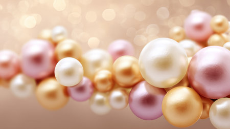 A stunning arrangement of soft pastel pearls in various sizes creates a harmonious background with a dreamy bokeh effect to enhance beauty and luxury themes.の素材