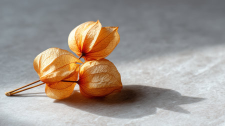 A captivating close-up of an orange lantern plant with intricate textures, beautifully highlighting its delicate structure and soft shadows in warm sunlight.の素材