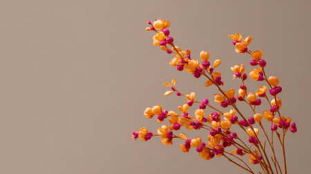 A stunning display of orange and pink flowers arranged elegantly against a soft neutral background. The vibrant colors and delicate details make this image perfect for any creative project.の素材
