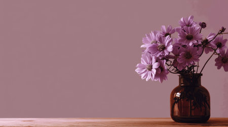 A charming close-up of a purple flower arrangement in a glass vase placed on a wooden table, set against a soft pastel backdrop, radiating elegance and tranquility.の素材