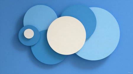 This abstract image showcases a collection of overlapping blue circles in different sizes set against a solid blue background, ideal for creative and modern aesthetics.の素材