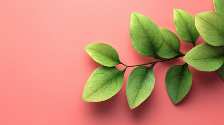 Vibrant green leaves on a soft coral background create a fresh and serene aesthetic, perfect for nature-inspired designs and calming decor elements.の素材