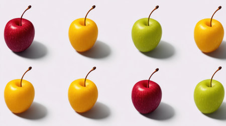 This vibrant arrangement features fresh apples in red, yellow, and green shades, ideal for healthy living and culinary creativity. Perfect for food lovers!の素材