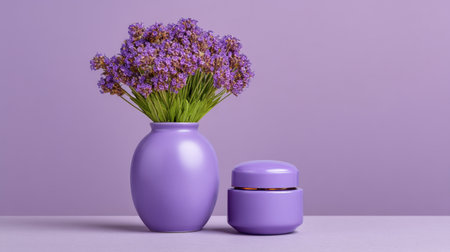 A beautiful purple vase filled with fresh lavender flowers sits gracefully next to a decorative cream jar on a soft lavender background, enhancing any space.の素材