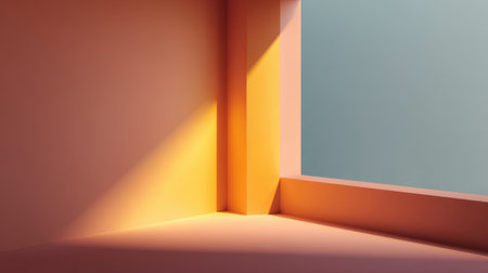 This stunning minimalist interior features warm orange walls and a geometric design, enhanced by natural light creating a serene and inviting space.の素材