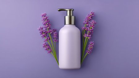 A beautiful lavender lotion bottle surrounded by fresh lavender flowers on a soft purple backdrop, perfect for spa, wellness, and skincare themes.の素材