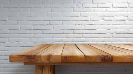 Captivating wooden table surface set against a stylish white brick wall, perfect for various interior design and home decor photography projects, offering versatility.の素材