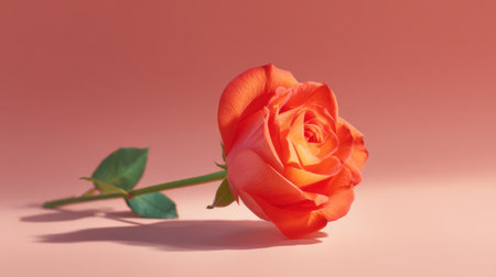 A stunning orange rose gracefully lies on a smooth surface, complemented by a soft pink background, perfect for projects related to love, beauty, and nature.の素材