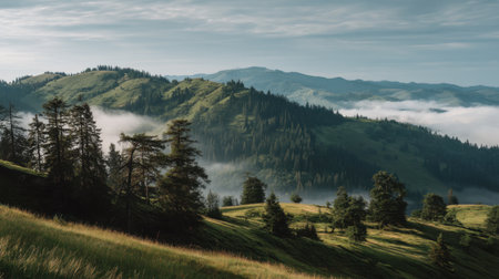 Explore a breathtaking mountain landscape showcasing lush green hills, rolling fog, and majestic pine trees. Perfect for nature lovers and adventure seekers.の素材