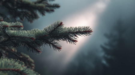 This tranquil image captures a close-up of an evergreen branch gently illuminated by soft light cutting through the misty forest, creating a serene ambiance.の素材