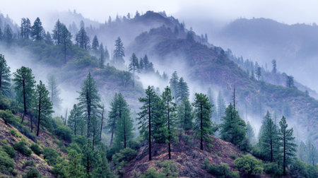 A stunning landscape showcasing misty mountains enveloped in fog, with lush green trees dotting the hillsides in a tranquil and serene environment.の素材