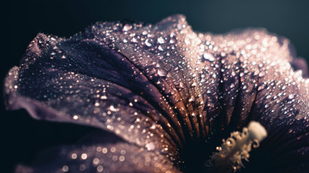 This stunning close-up captures a flower petal adorned with sparkling water droplets, beautifully illuminated. The delicate textures and colors evoke a serene and refreshing atmosphere.の素材