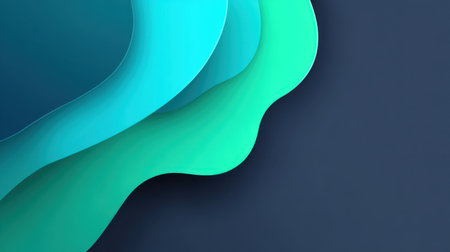 This modern abstract background features flowing layers of turquoise, aqua, and green waves against a dark blue surface, perfect for various creative design projects.の素材