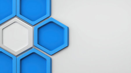 This modern geometric background showcases blue and white hexagonal shapes, ideal for digital projects, presentations, and artistic designs. Versatile and stylish.の素材
