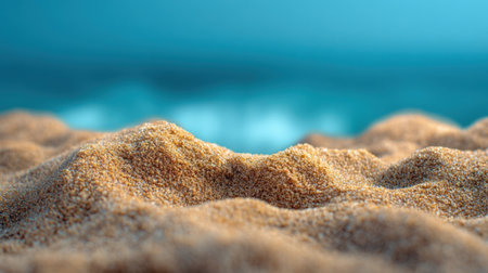 This serene close-up captures soft golden sand with gentle ocean waves in the background, offering a perfect image for themes of peace, relaxation, and summer adventures.の素材